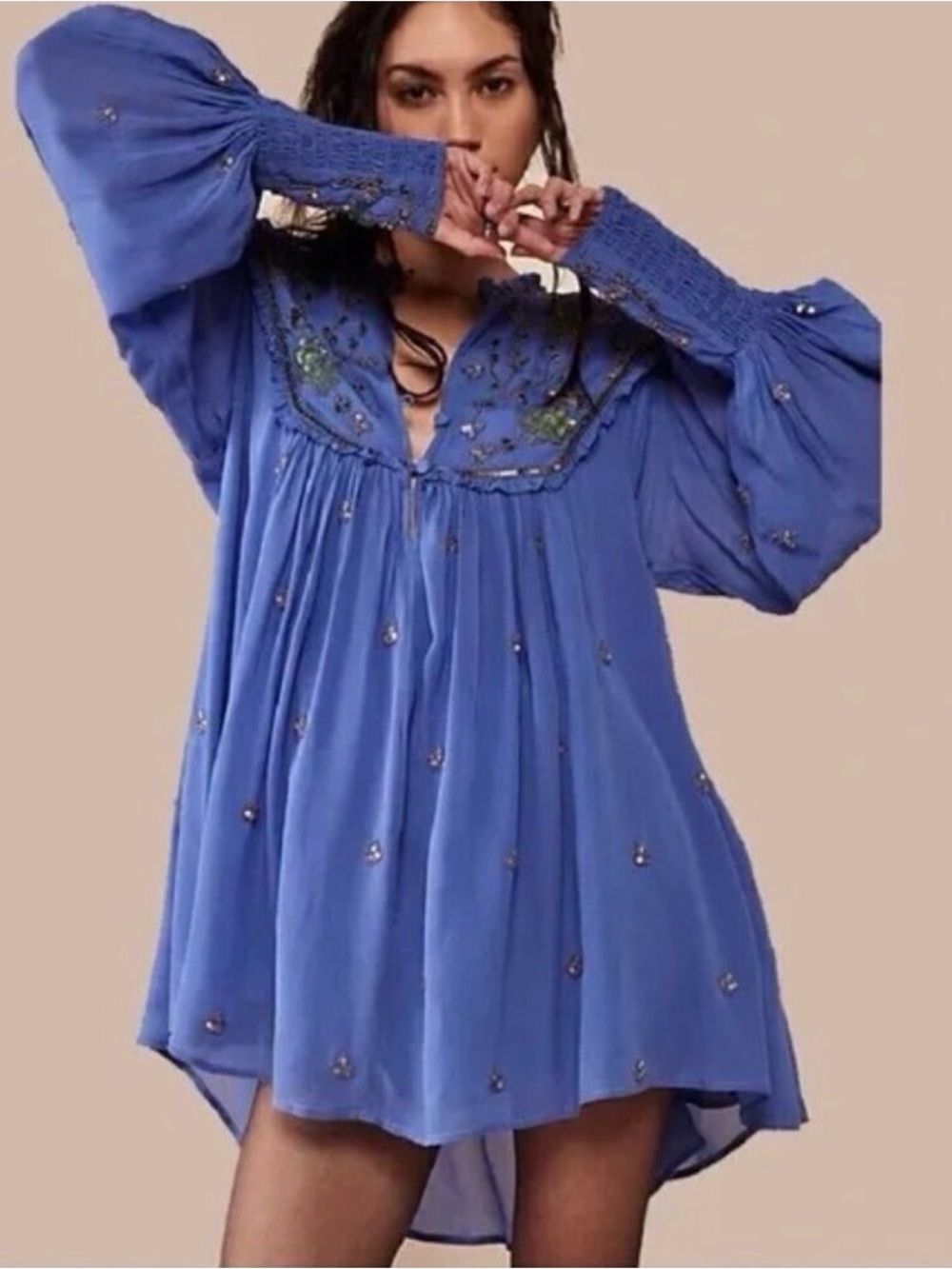 Free People Royal Blue Embroidered Peasant Tunic